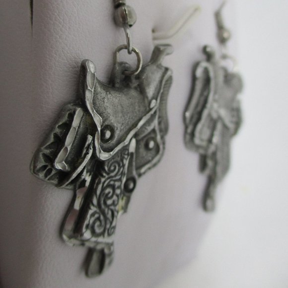 EGO C '92 Pewter Southwestern style Equestrian Saddle Earrings - Picture 2 of 7